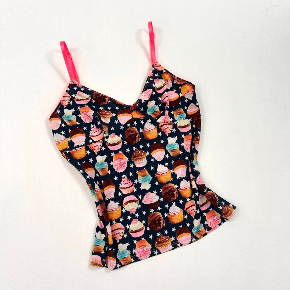 y2k euro blue cupcake and star print tank top